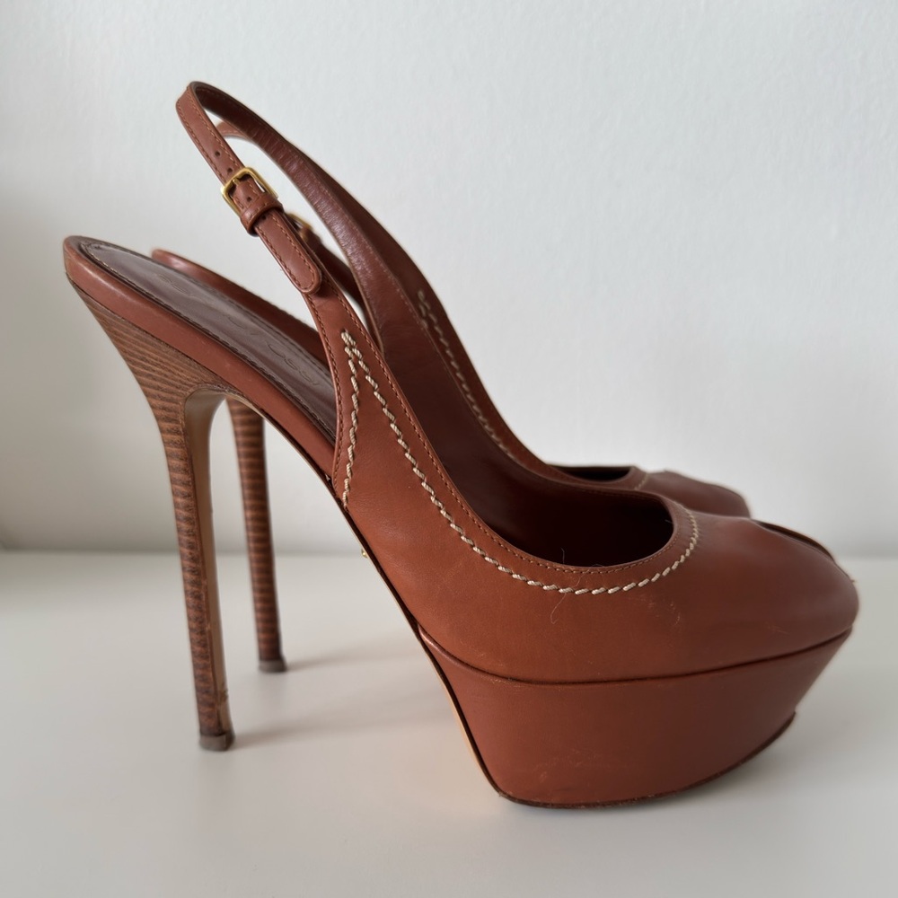 Sergio Rossi Camel Leather Sling Back Platform Pumps Heels, size 37.5